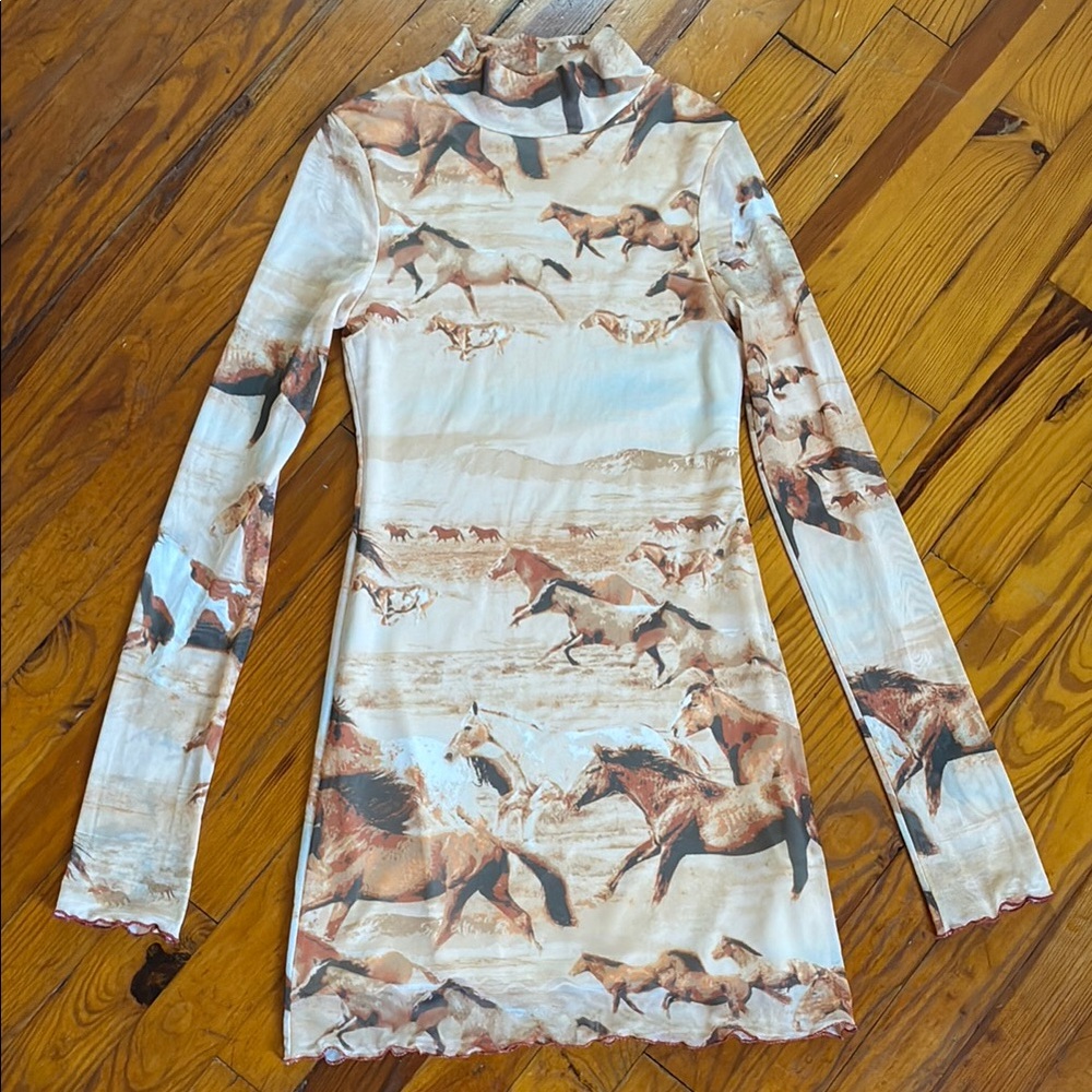 Urban Outfitters Brown and Cream Bodycon Dress Long Sleeve Mock Neck